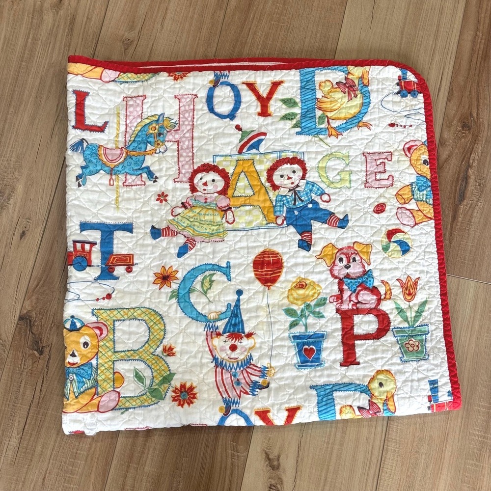 Vintage Raggedy Ann baby blanket with ABCs- red and white thin quilt